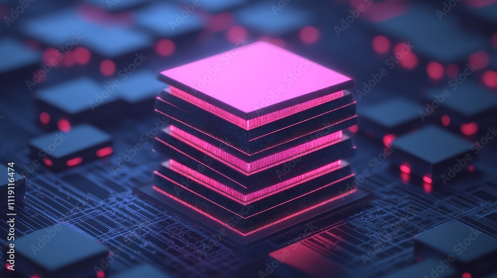 Poster abstract representation of digital technology with vibrant neon colors showcasing layered data block