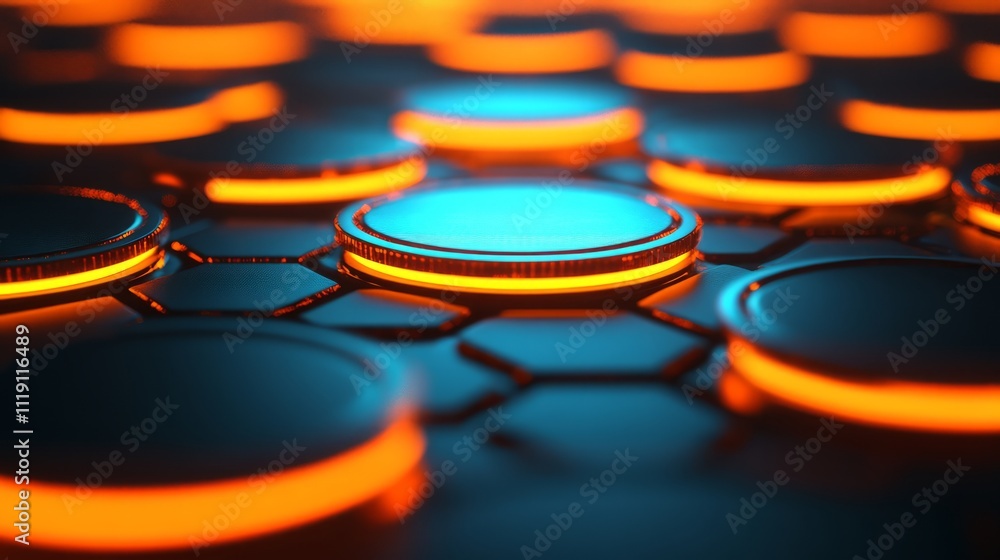 Poster futuristic abstract background with glowing circles and hexagonal pattern in vivid blue and orange h