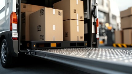 A delivery truck is unloading cardboard boxes, showcasing a busy logistics environment with a focus on shipping and transportation.