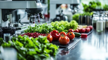 A modern microscope sits in a lab, surrounded by fresh produce and lab equipment for a food safety or agricultural research project.
