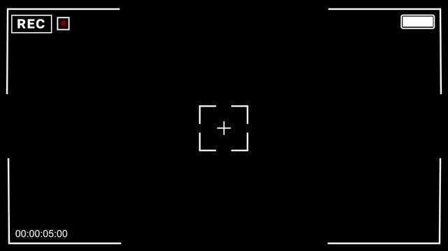 Video camera display recording screen overlay on black background, Camera viewfinder display overplay with alpha channel.