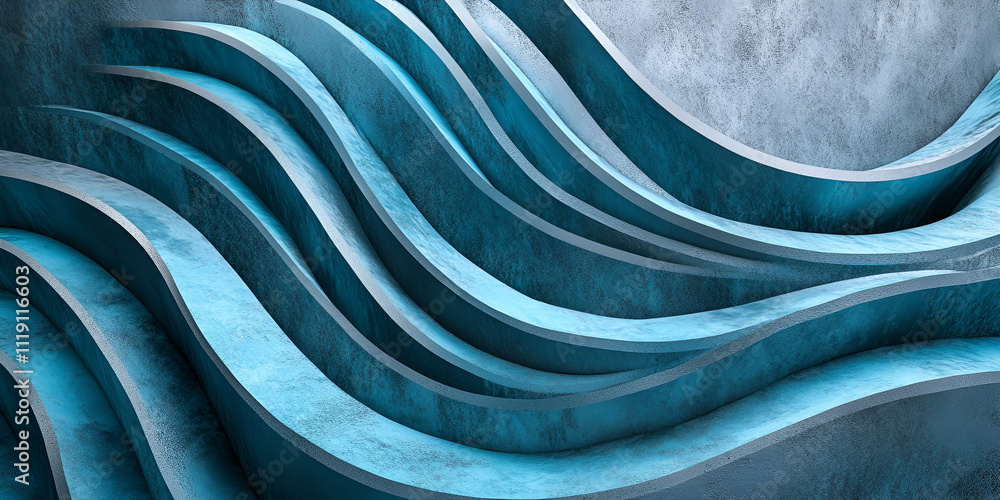 Poster abstract teal waveforms: fluid, dynamic curves of teal and gray blend seamlessly, creating an abstra