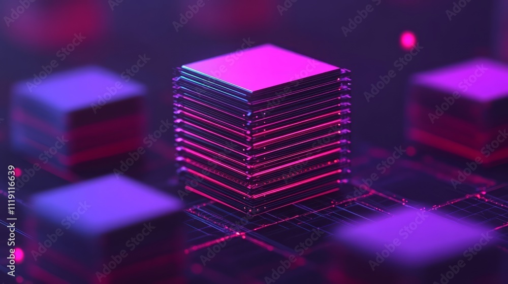 Poster abstract representation of digital technology with vibrant colors showcasing stacks of geometric sha