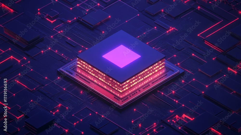 Aufkleber abstract representation of a futuristic microchip surrounded by glowing circuits and vibrant neon co