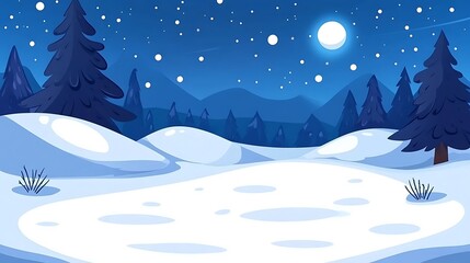Naklejka premium Nighttime Snowy Forest Landscape with Full Moon and Stars