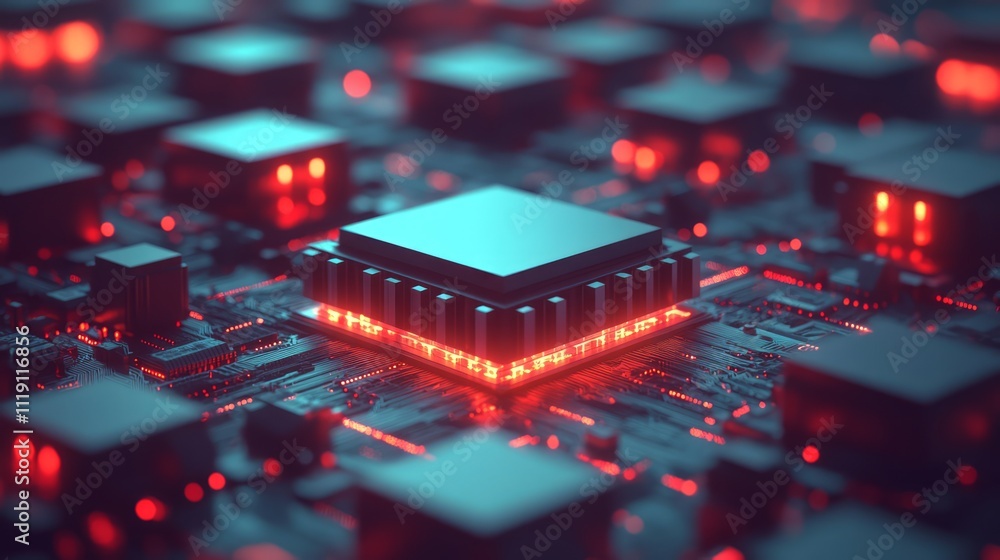 Poster futuristic microchip landscape with glowing red highlights and electronic circuitry displaying advan