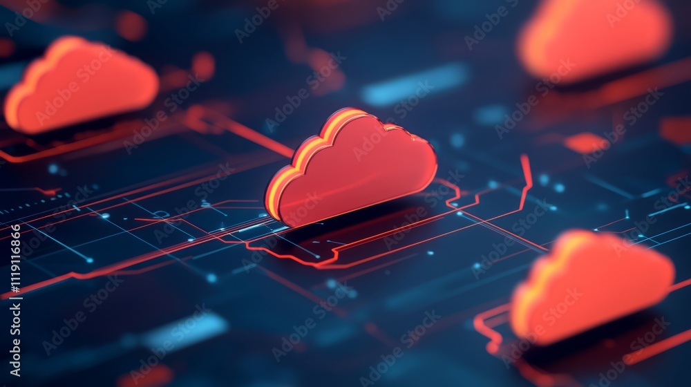 Poster abstract digital illustration of vibrant orange cloud icons on a dark technological background, symb