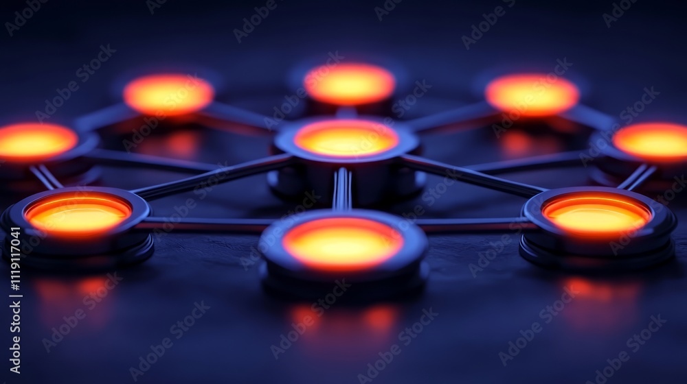 Poster abstract network connection with glowing orange nodes and dark background, symbolizing digital commu