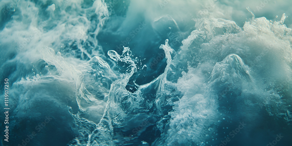 Poster ocean's fury: abstract teal and white water swirls and splashes, creating a dramatic and dynamic ima