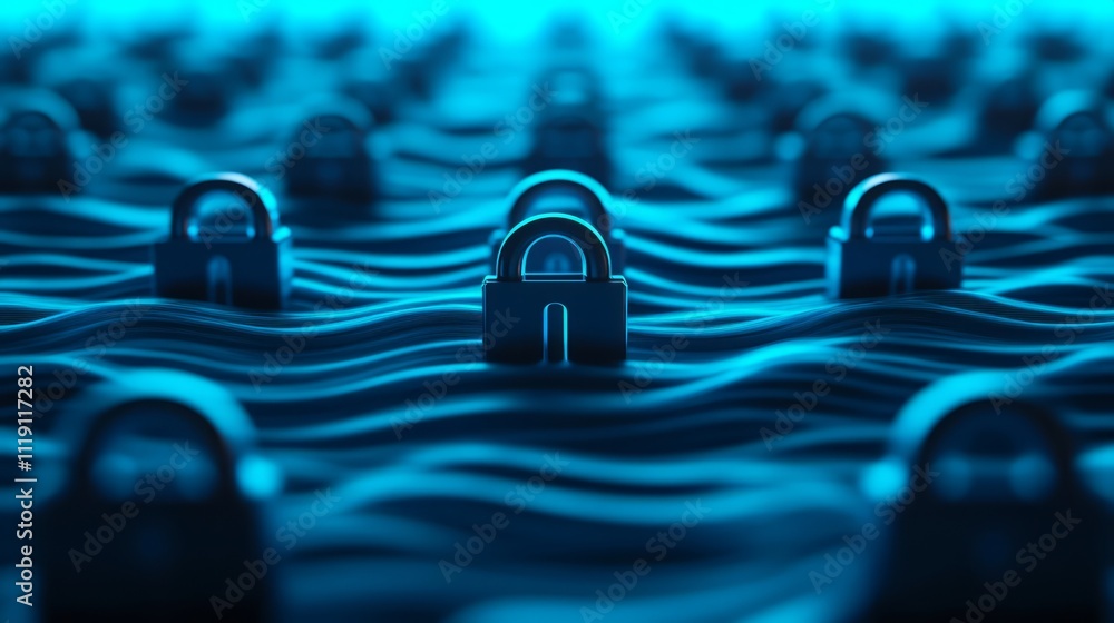 Poster abstract representation of digital security with locks arranged in waves, illustrating concepts of d