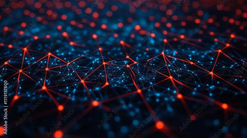 Aufkleber abstract digital network with illuminated nodes and connections in blue and red colors for technolog