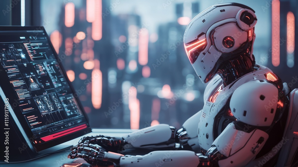 Poster futuristic humanoid robot interacting with technology in a neon-lit cityscape, showcasing advanced a