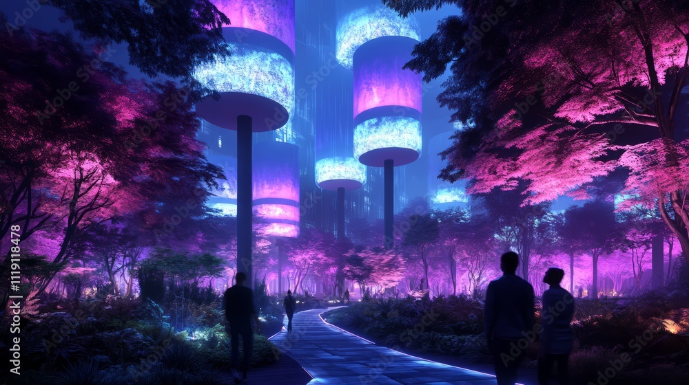 Poster enchanted forest with neon luminescent trees and a mystical pathway illuminated by colorful lights u
