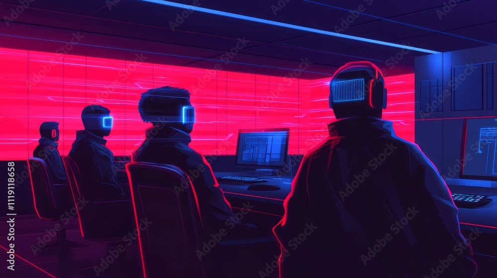 Poster futuristic cybersecurity team analyzing data in neon environment, high-tech workspace with digital s