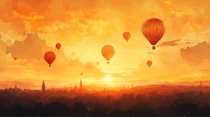 Naklejka premium A serene watercolor depiction of hot air balloons over rolling hills at sunrise, ideal for festival promotions, New Year events, or vibrant abstract designs.