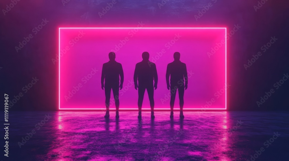 Poster three silhouetted figures standing in front of a vivid neon pink backdrop with glowing frame in a da