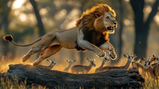 Majestic male lion leaps over log, hunting antelopes at sunrise.