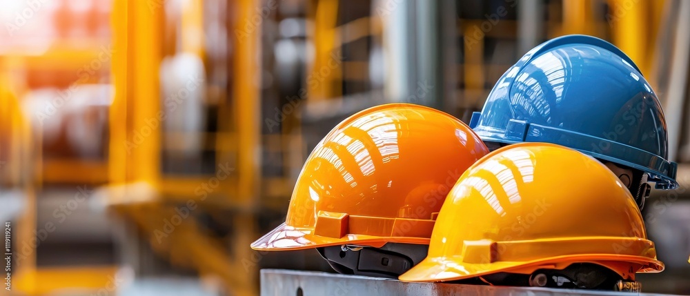 Aufkleber Close-up of engineers in a mining operation, helmets reflecting machinery and industrial structures