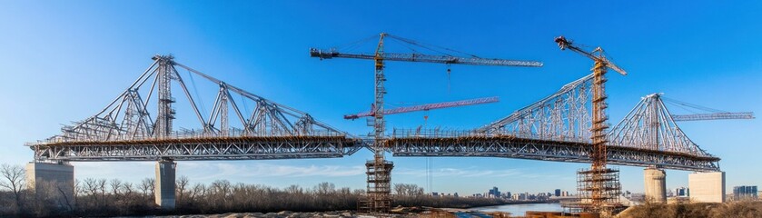 Construction of a large bridge with cranes against a clear blue sky.