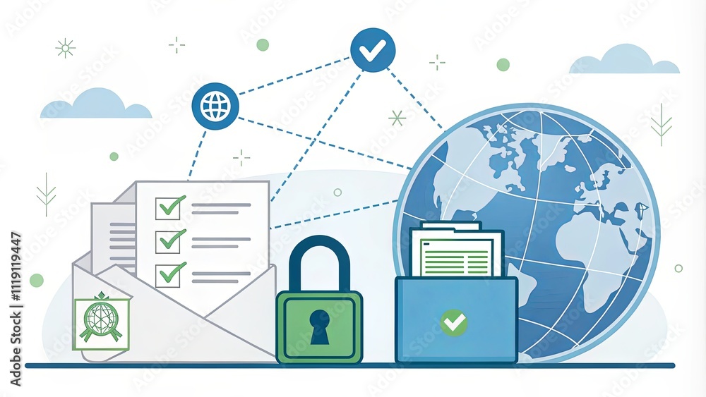 Poster A blue globe sits on a table with a lock and a stack of papers