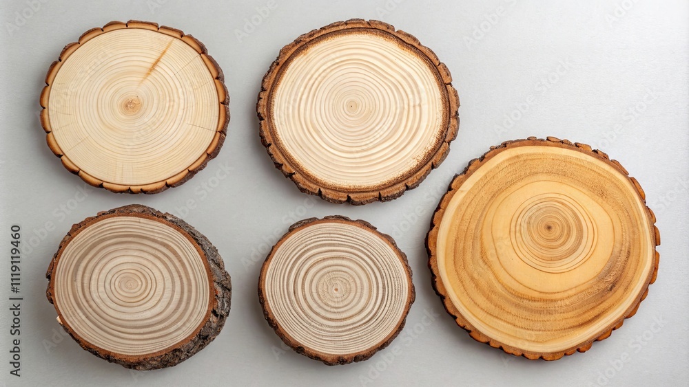 Poster a collection of wooden circles with varying sizes and shapes