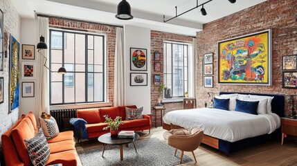 Stylish Loft Apartment Featuring Exposed Brick Walls and Modern Art