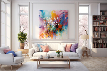 Attractive Spacious modern lounge with gray sofas and colorful