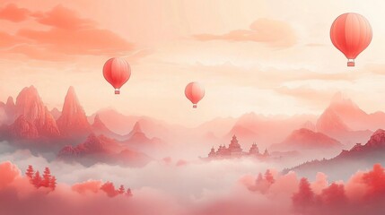 Obraz premium A serene illustration of hot air balloons in a pastel sky, perfect for design projects for New Year celebrations, carnivals, or nature-themed promotions.