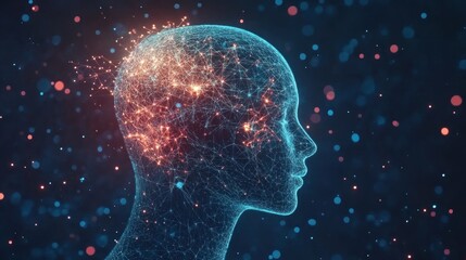 Obraz premium Digital Human Profile with Glowing Network of Lines and Points