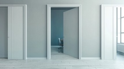 Fototapeta premium Modern Minimalist Office Interior Gray Walls White Doors Open Space