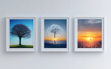 Three white frames hang on the wall, each containing a hyper-realistic, high-definition image: one with a solitary tree, another with a dandelion, and the third showing a breathtaking sunrise. 