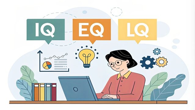 A woman is working on a laptop in front of a colorful background with the words