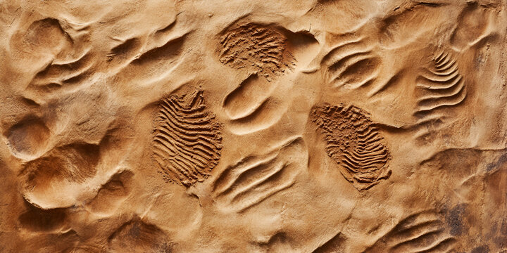 Footprints in the Sand: A close-up shot of distinct footprints etched into the textured surface of sand, revealing the passage of time and the journey taken.  