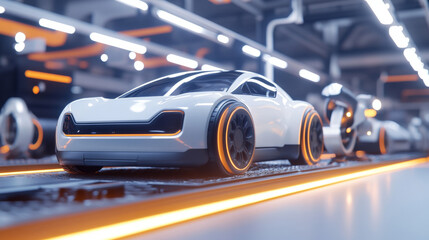 Obraz premium Aerial Car Factory 3D Concept: Automated Robot Arm Assembly Line Manufacturing Advanced High-Tech Green Energy Electric Vehicles. Construction, Building, Welding Industrial Production Conveyor