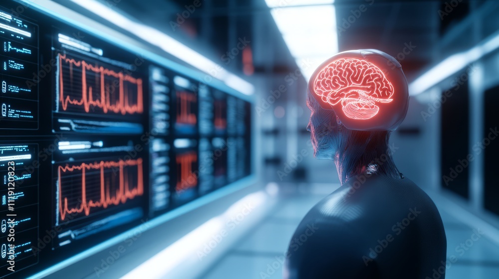 Poster futuristic human model with transparent brain displaying brainwaves and heart rate on digital screen
