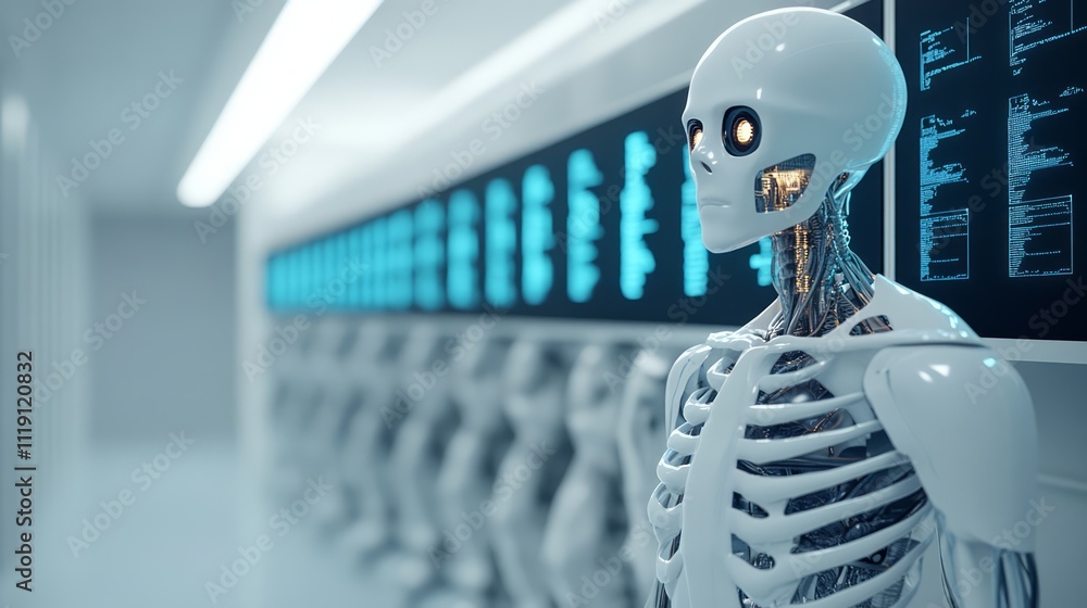 Aufkleber futuristic humanoid robot with intricate mechanical details stands in a modern laboratory filled wit