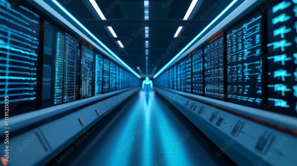 Poster futuristic corridor with glowing blue lights and digital screens displaying data and information in 