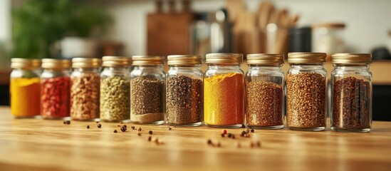Various colorful spices in glass jars arranged on a wooden table with a blurred kitchen background.