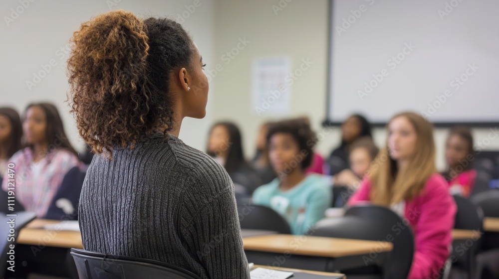 Poster a classroom setting with students attentively listening to a teacher at the front, focused on learni