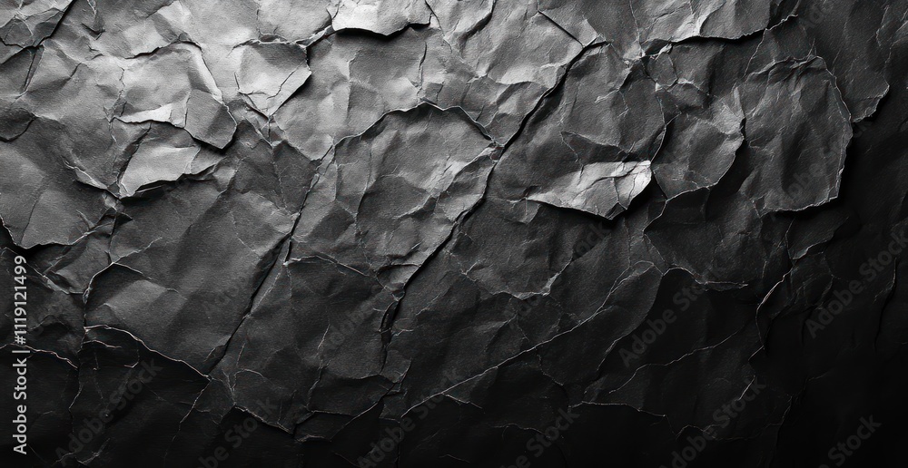 Poster abstract black crumpled paper texture background with intricate folds and shadows for modern design