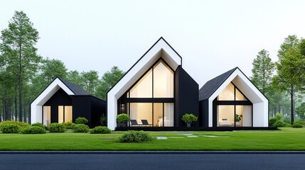 Modern black and white houses in a serene green landscape.