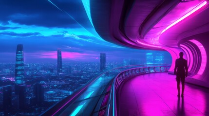 Futuristic Cityscape with Neon Lights and Silhouette of a Person Walking in a High-Tech Environment at Dusk, Offering an Awe-Inspiring View Over Urban Skyline