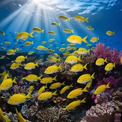 Naklejka premium The underwater realm is a vibrant ribbon of life, colorful coral gardens sway with currents, exotic fish gracefully, and calm blue depths reveal the wonders of the ocean. 