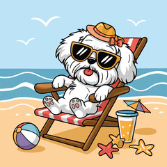 Illustration of a funny Maltese dog lounging on a beach chair at the seaside