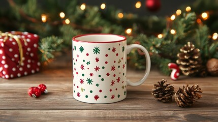 coffee mug mockup with Christmas decorations on a wooden table can be used for showcasing personalized holiday designs, branding, festive marketing, product promotion, gift ideas, or seasonal advertis
