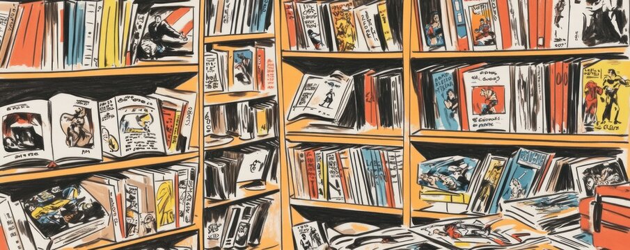 A vibrant illustration of a cluttered bookshelf filled with various books and comics.