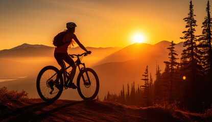 Obraz premium Mountain Biker Conquering Trails at Sunset