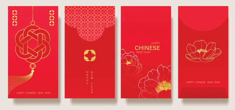 Chinese New Year 2025 hongbao red envelope design vector. Collection of Chinese festival with peony flower, lantern, pattern. Elegant oriental illustration for ang pao, cover, website, calendar, ads.