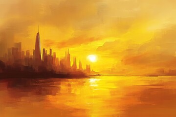 Golden Cityscape at Sunset: An Impressionistic Painting