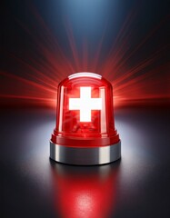Close up A flashing red light with a medical cross in the center, symbolizing urgent health and safety alerts.